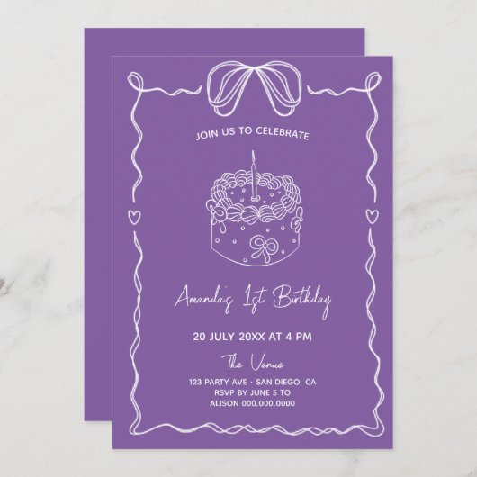 Chic Girly Bow Cake Invitation d'anniversaire (Devant / Derrière)