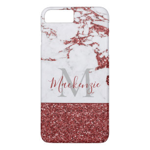 Chic Girly Burgundy Pink Glitter Marble Monogram iPhone 8 Plus / 7 Plus Hoesje