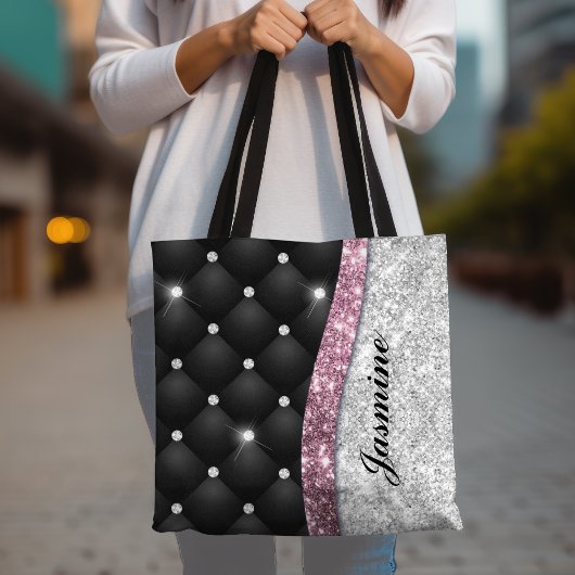 Chic girly faux Silver glitter black pink monogram Draagtas