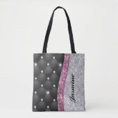 Chic girly faux Silver glitter black pink monogram Draagtas (Voorkant)