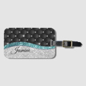 Chic girly faux Silver glitter blauwgroen monogram Bagagelabel (Voorkant (horizontaal))