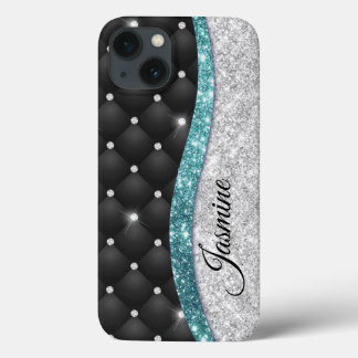 Chic girly faux Silver glitter blauwgroen monogram iPhone 13 Hoesje