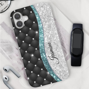 Chic girly faux Silver glitter blauwgroen monogram iPhone 16 Hoesje