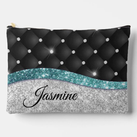 Chic girly faux Silver glitter blauwgroen monogram Etui (Voorkant)