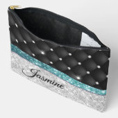 Chic girly faux Silver glitter blauwgroen monogram Etui (Open)