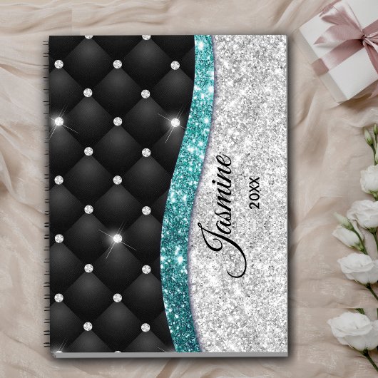 Chic girly faux Silver glitter blauwgroen monogram Planner