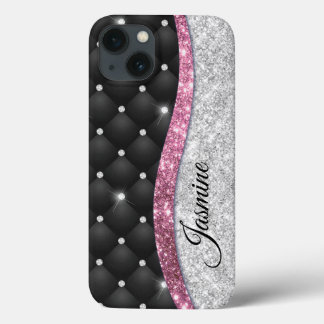 Chic girly faux Silver glitter zwart roze monogram iPhone 13 Hoesje