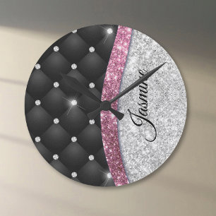 Chic girly faux Silver glitter zwart roze monogram Ronde Klok