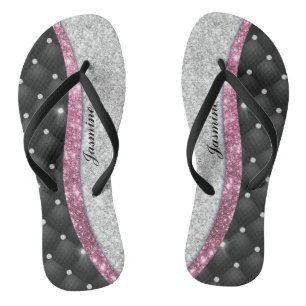 Chic girly faux Silver glitter zwart roze monogram Teenslippers