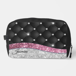 Chic girly faux Silver glitter zwart roze monogram Toilettasje