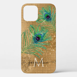 Chic Girly Gold Glitter Peacock Monogram iPhone 12 Hoesje