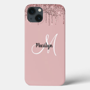 Chic Girly Gold Pink Glitter Drift Monogram Naam D iPhone 13 Hoesje