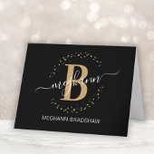 Chic Girly Modern Black Gold Name Script Monogram Bedankkaart