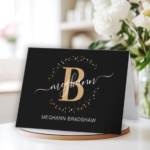 Chic Girly Modern Black Gold Name Script Monogram Bedankkaart