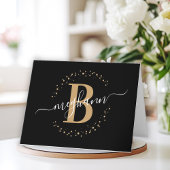 Chic Girly Modern Black Gold Name Script Monogram Bedankkaart