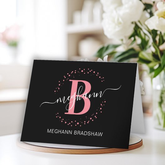 Chic Girly Modern Black Roze Name Script Bedankkaart