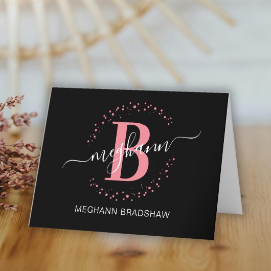 Chic Girly Modern Black Roze Name Script Bedankkaart