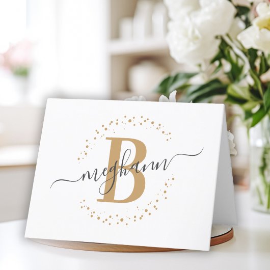 Chic Girly Modern White Gold Name Script Monogram Bedankkaart