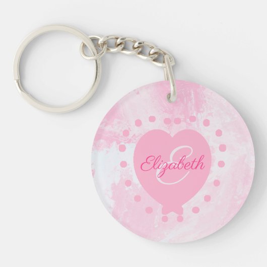 Chic Girly Pink Heart Monogram Initiaal Waterverf Sleutelhanger (Voorkant)