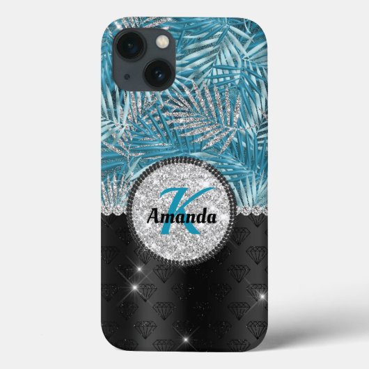 Chic girly turquoise aqua glitter leaves monogram Case-Mate iPhone case (Achterkant)