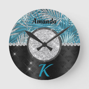 Chic girly turquoise aqua glitter leaves monogram ronde klok