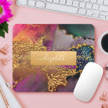 Chic glam aquarelle marbre or violet bleu vert<br><div class="desc">Une bande brillante et fausse feuille d'or avec votre nom de typographie de script recouvre un riche, veiné or, bleu marine, vert chasseur, rose et violet arrière - plan d'aquarelle sur cet élégant, tendance, girly, nom personnalisé mousepad. Fait une déclaration chic et élégante à chaque utilisation. Un grand cadeau pour...</div>