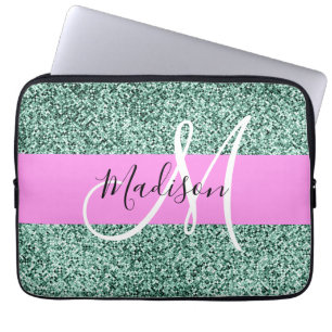 Chic Glam Roze Groen Glitter Glans Naam Monogram Laptop Sleeve