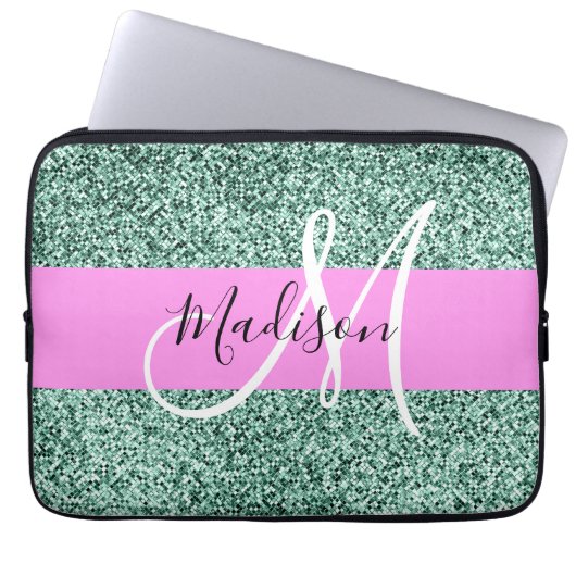 Chic Glam Roze Groen Glitter Sparkle Name Monogram Laptop Sleeve (Voorkant)