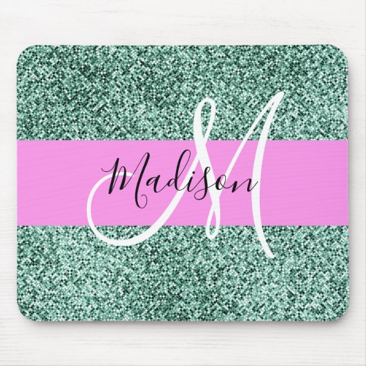 Chic Glam Roze Groen Glitter Sparkle Name Monogram Muismat (Voorkant)