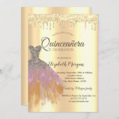 Chic Glitter Dress, Gold Drivers Quinceañera Kaart (Voorkant / Achterkant)