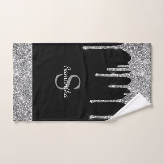 Chic Glitter Drift Sparkle Silver Black Monogram Bad Handdoek (Handdoek)