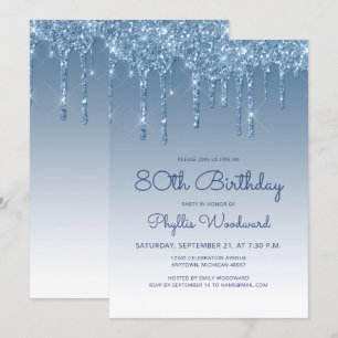 Chic Glitter Drip Blauw 80ste Verjaardag Kaart