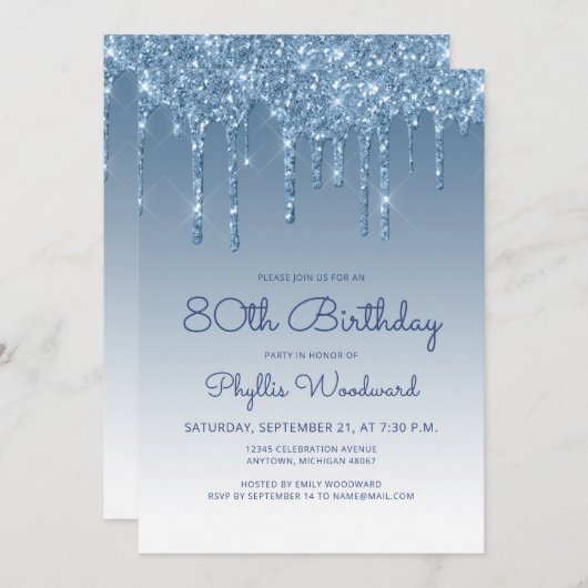 Chic Glitter Drip Blue 80th Birthday Kaart (Voorkant / Achterkant)