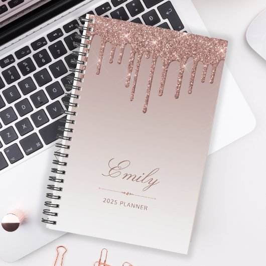 Chic Glitter Drips Roos Goud Gepersonaliseerd 2025 Planner