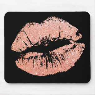 Chic Glitter Effect Roos-Gold Lips Black Mousepad Muismat
