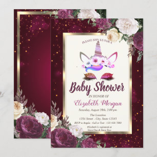 Chic Glitter Unicorn, Burgundy Floral Baby shower Kaart