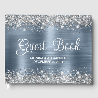Chic Glittery Dusty Blue Folie Wedding Gastenboek
