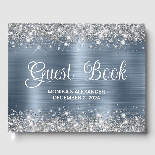 Chic Glittery Dusty Blue Folie Wedding Gastenboek (Voorkant)