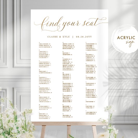Chic Gold Alphabetical Seating Chart Acrylic Sign 