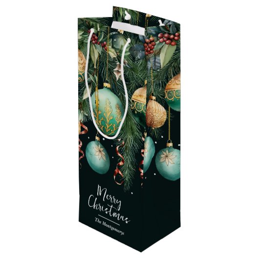 Chic Gold and Green Christmas Tree Ornaments Wijn Cadeautas (Achterkant Gekanteld)
