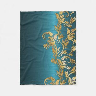  Chic Gold Aqua Floral Glitter Foto afdrukken Fleece Deken