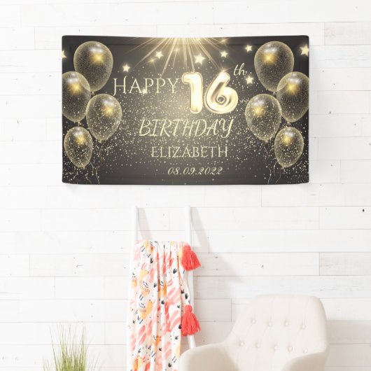 Chic Gold Balloons Stars 16e verjaardag Spandoek (Insitu)