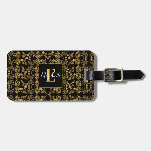 Chic Gold Black Damask zwemmen op eigen naam Monog Bagagelabel (Voorkant horizontaal)