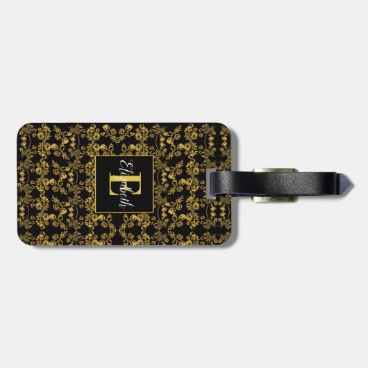 Chic Gold Black Damask zwemmen op eigen naam Monog Bagagelabel (Achterkant horizontaal)