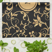 Chic Gold Black Royal Monogram Damask Theedoek (Gevouwen)