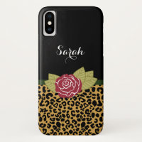 Chic Gold Brown-luipaard print Red Rose met naam