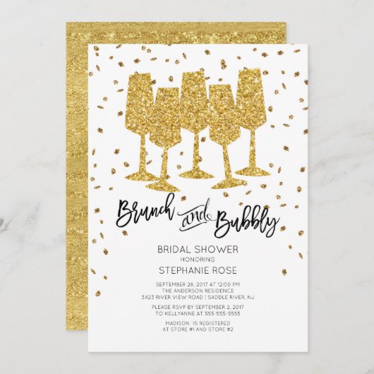 Chic Gold Brunch & Bubbly Bridal Shower Invitation (Devant / Derrière)
