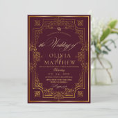 Chic Gold Burgundy Script Faire-part de mariage (Debout devant)