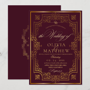 Chic Gold Burgundy Script Faire-part de mariage