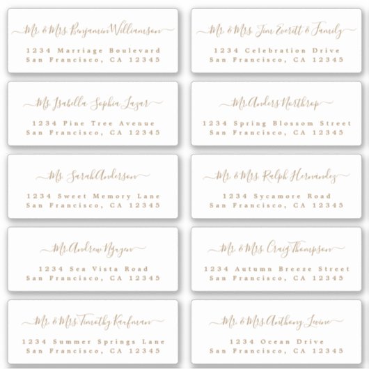 Chic Gold Calligraphy Wedding Guest Adresetiketten Sticker (Voorkant)